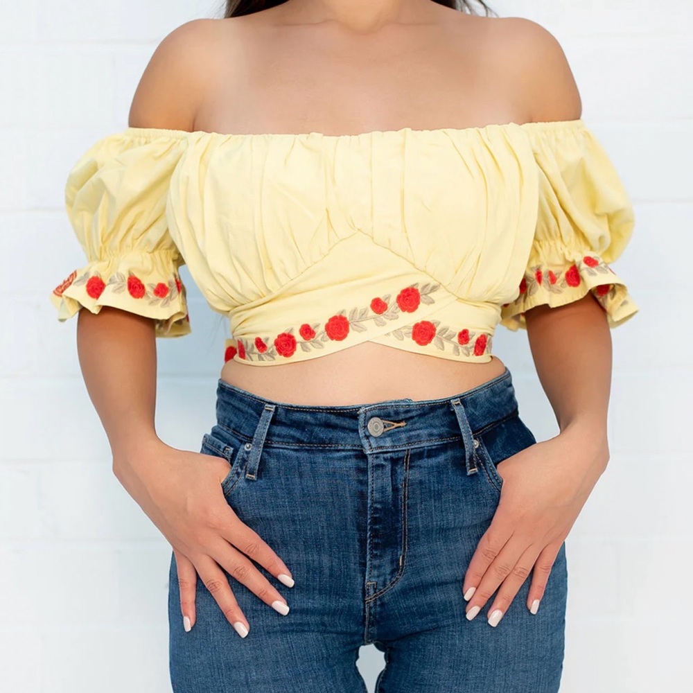 Chic Yellow Off-Shoulder Crop Top with Red Embroidery